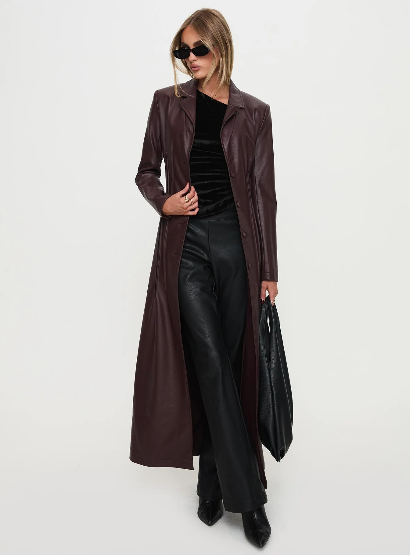 Speak Easy Long Line Faux Leather Coat Burgundy - Image 2