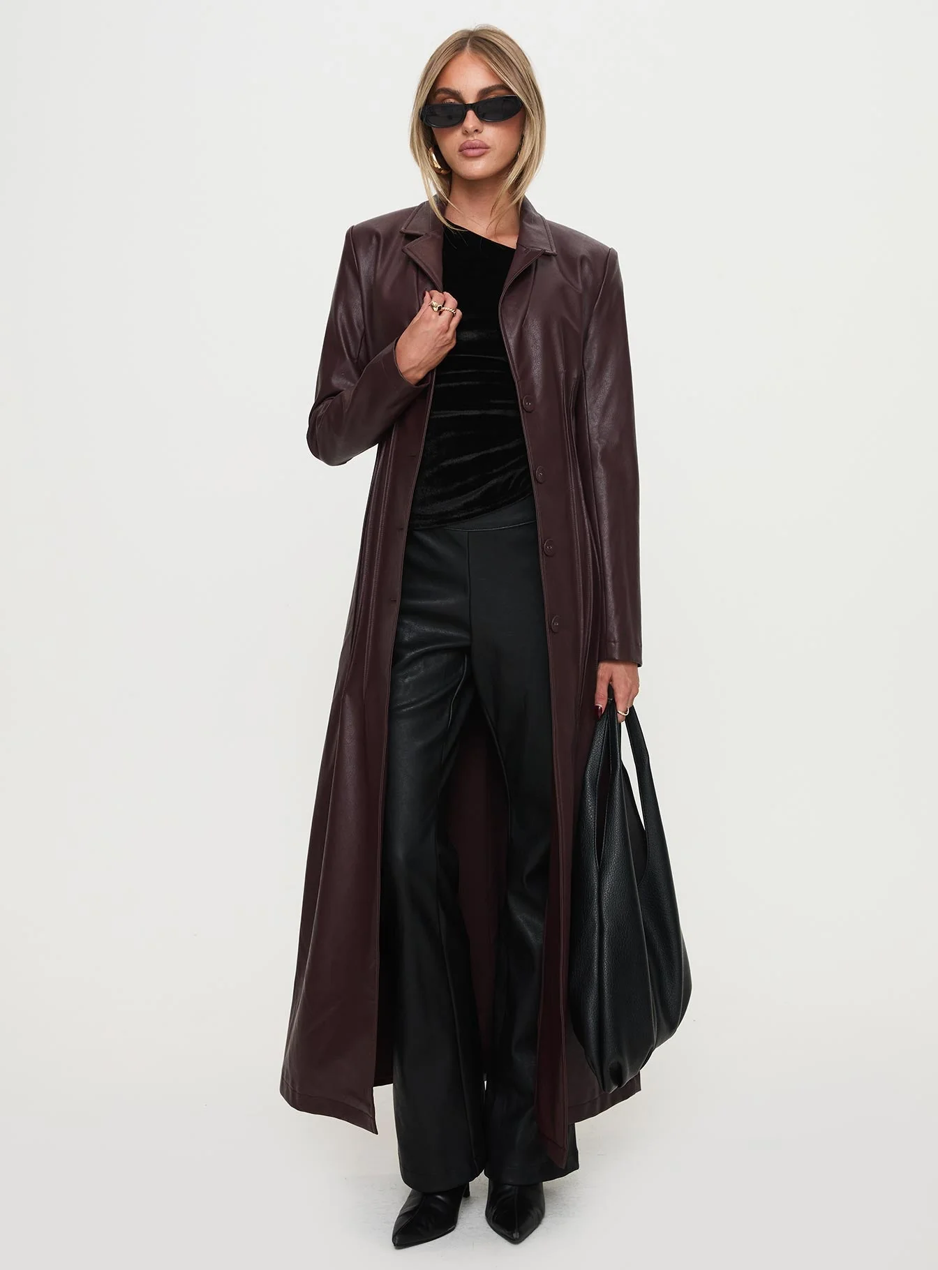 Speak Easy Long Line Faux Leather Coat Burgundy - Image 3