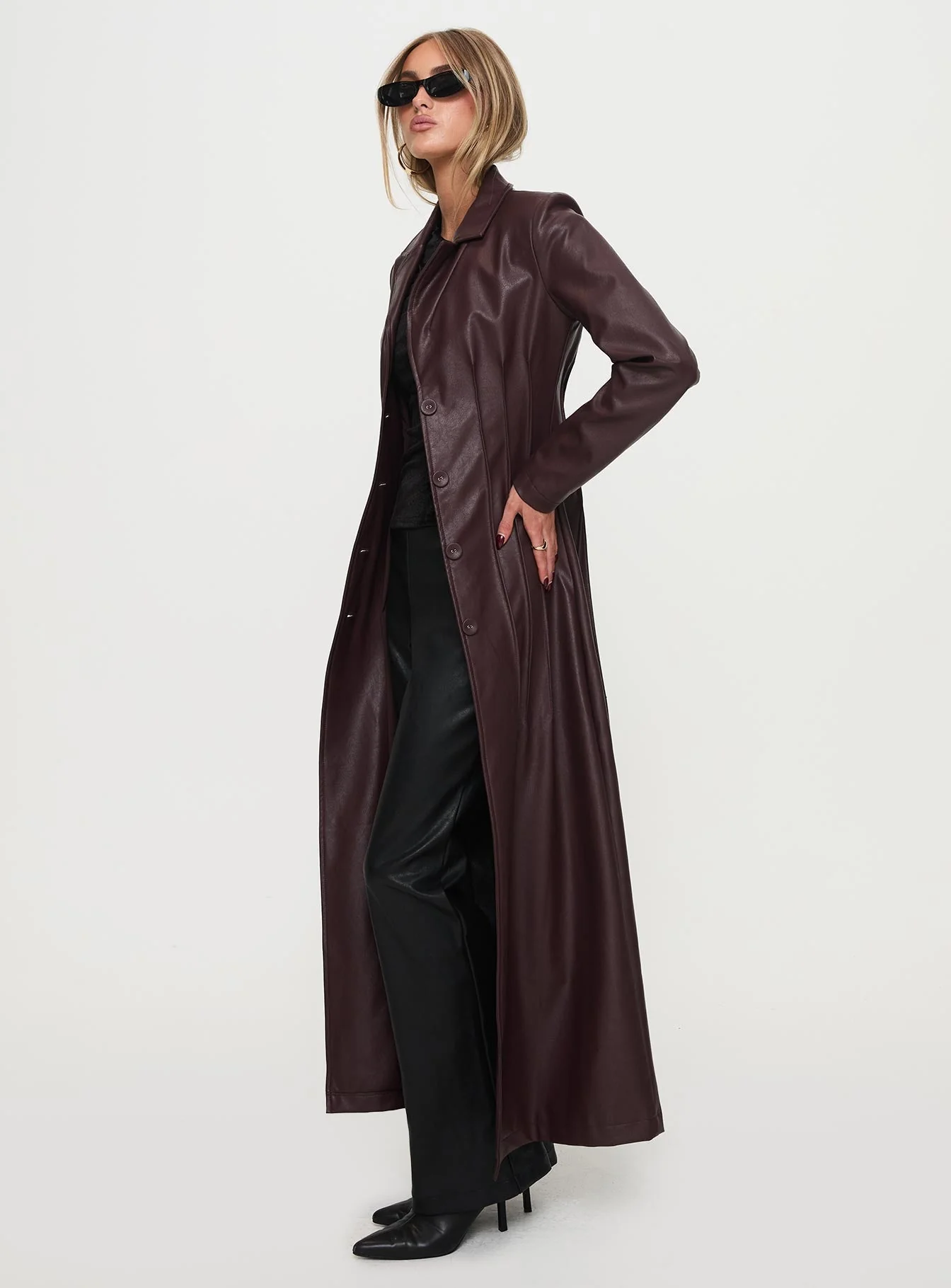 Speak Easy Long Line Faux Leather Coat Burgundy - Image 4