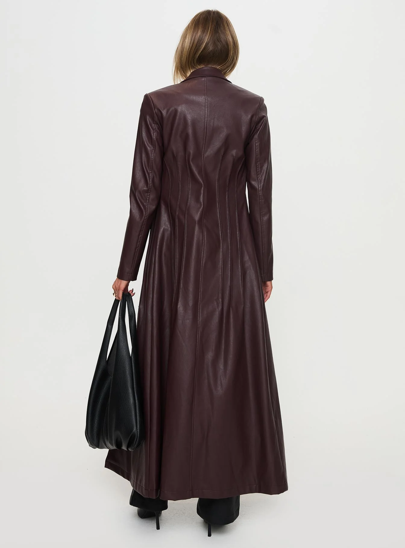 Speak Easy Long Line Faux Leather Coat Burgundy - Image 5