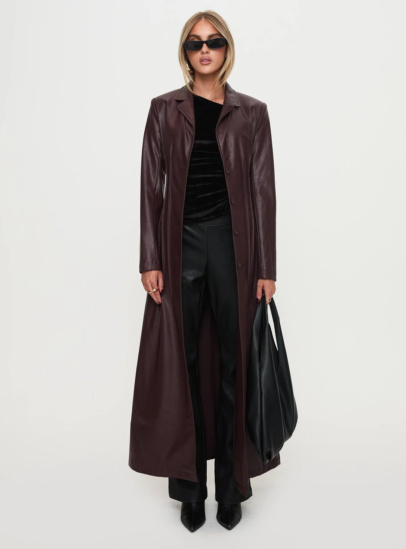 Speak Easy Long Line Faux Leather Coat Burgundy - Image 7