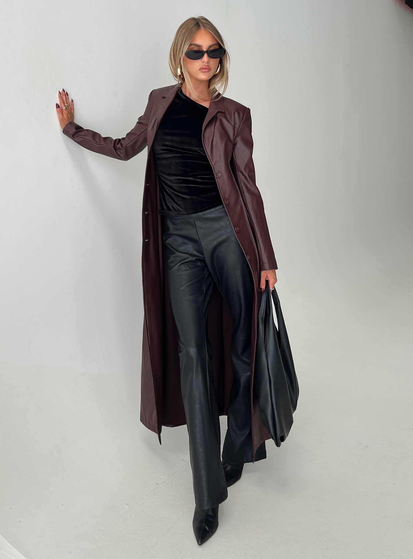 Speak Easy Long Line Faux Leather Coat Burgundy - Image 8