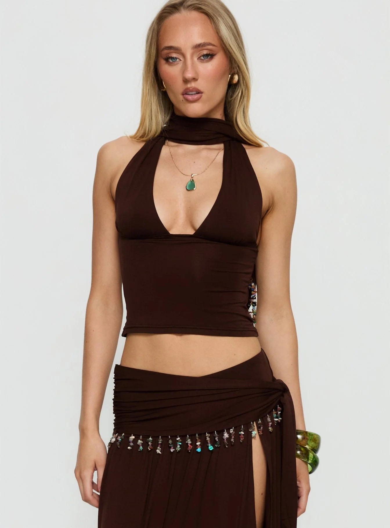 Spirita Beaded Halter Top Brown - Image 2