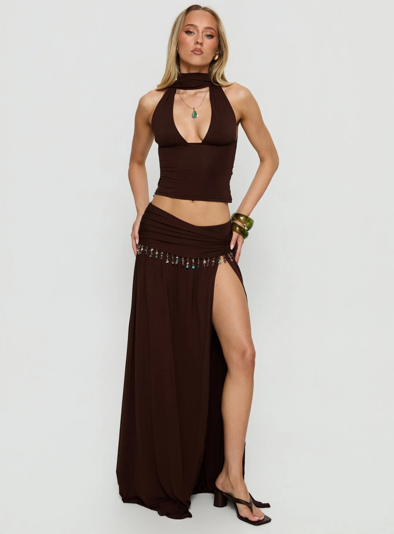 Spirita Beaded Halter Top Brown - Image 3