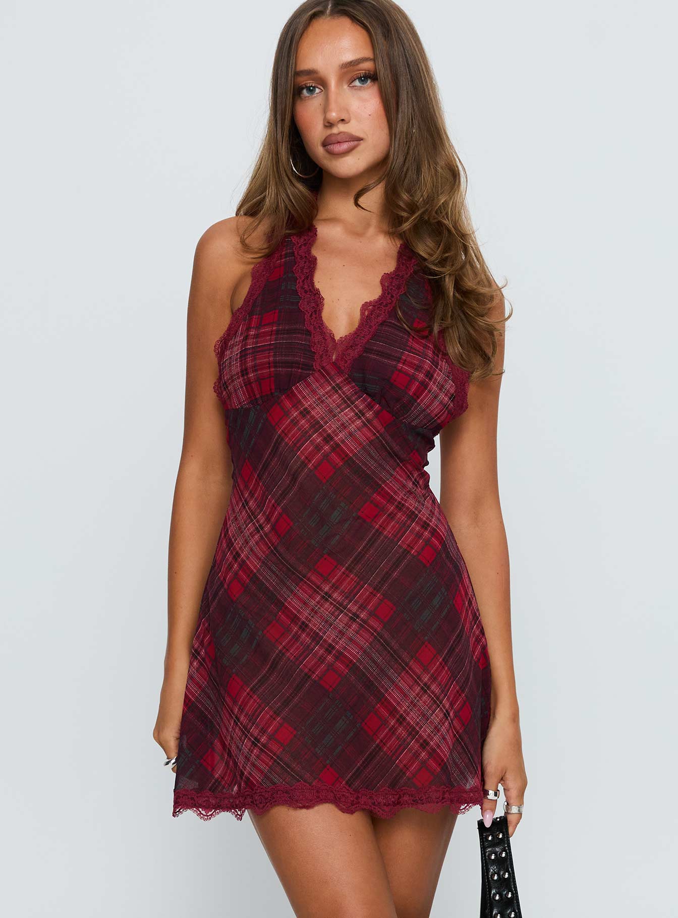 Stars Align Mini Dress Crimson Plaid - Image 2