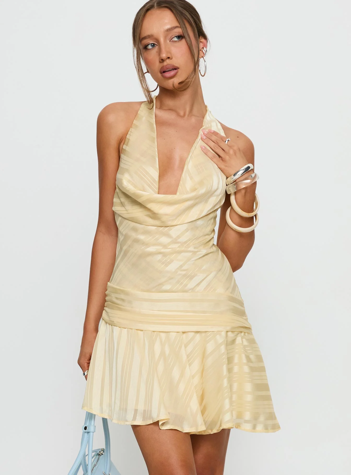 Starshooter Halter Plunge Mini Dress Lemon - Image 2