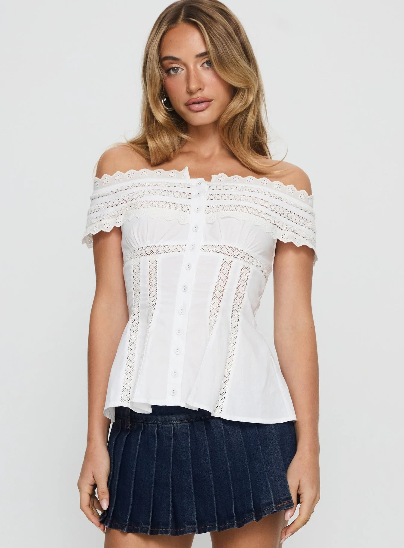 Stately Off Shoulder Lace Trim Top White - Image 2