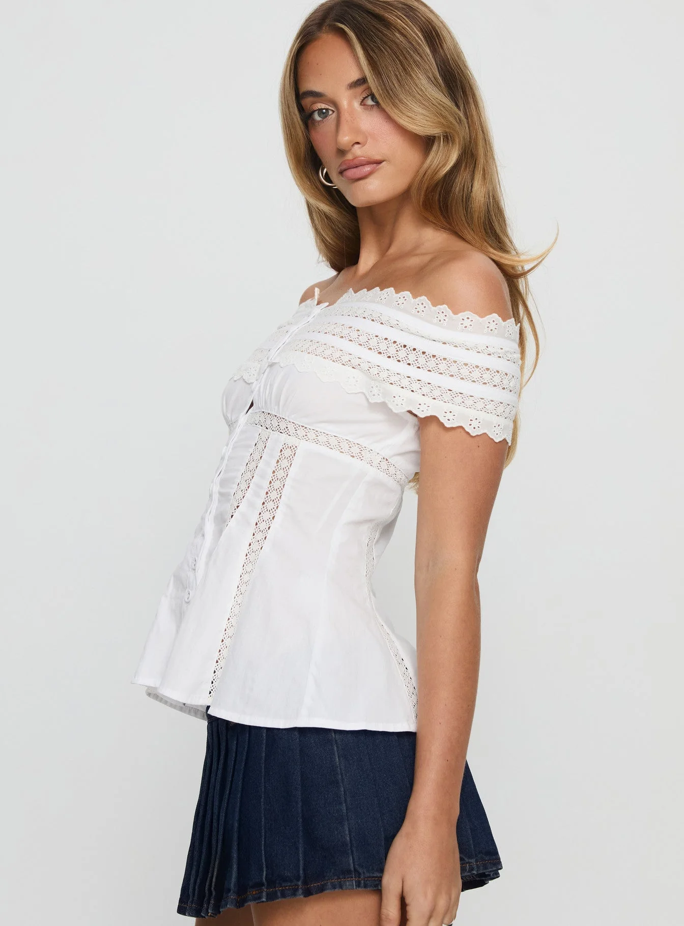 Stately Off Shoulder Lace Trim Top White - Image 4