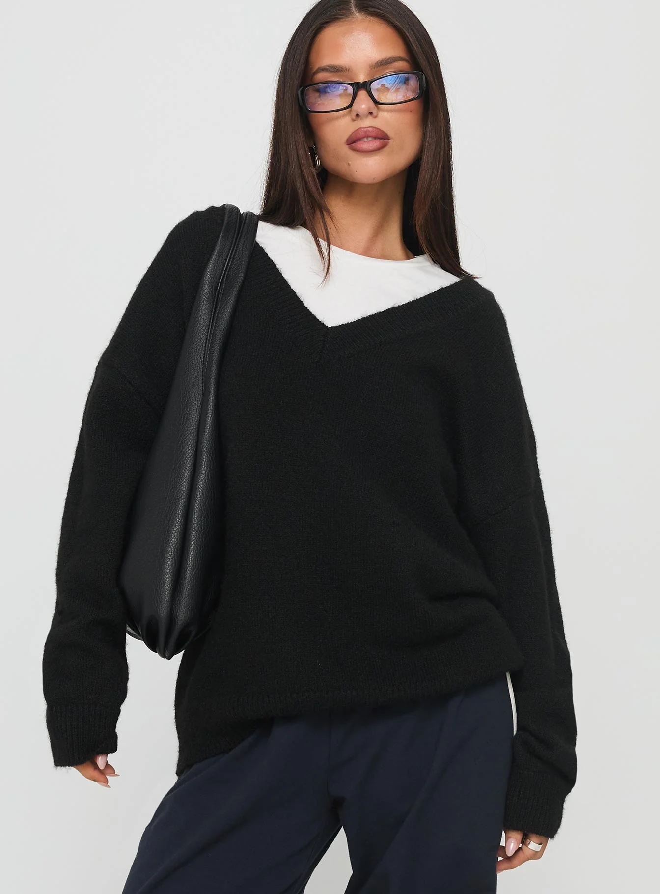 Stay The Night V Neck Knit Sweater Black - Image 2
