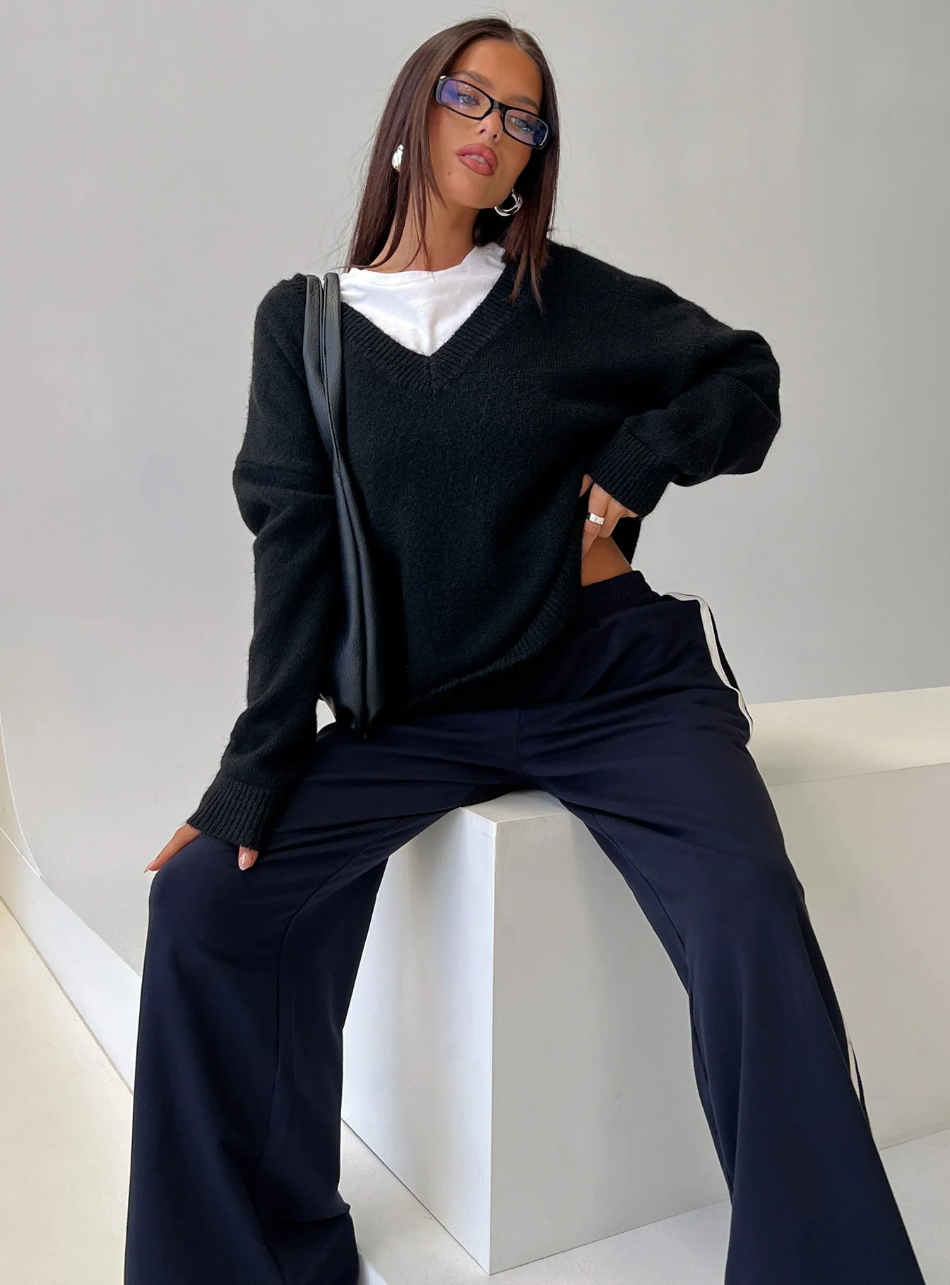 Stay The Night V Neck Knit Sweater Black - Image 7