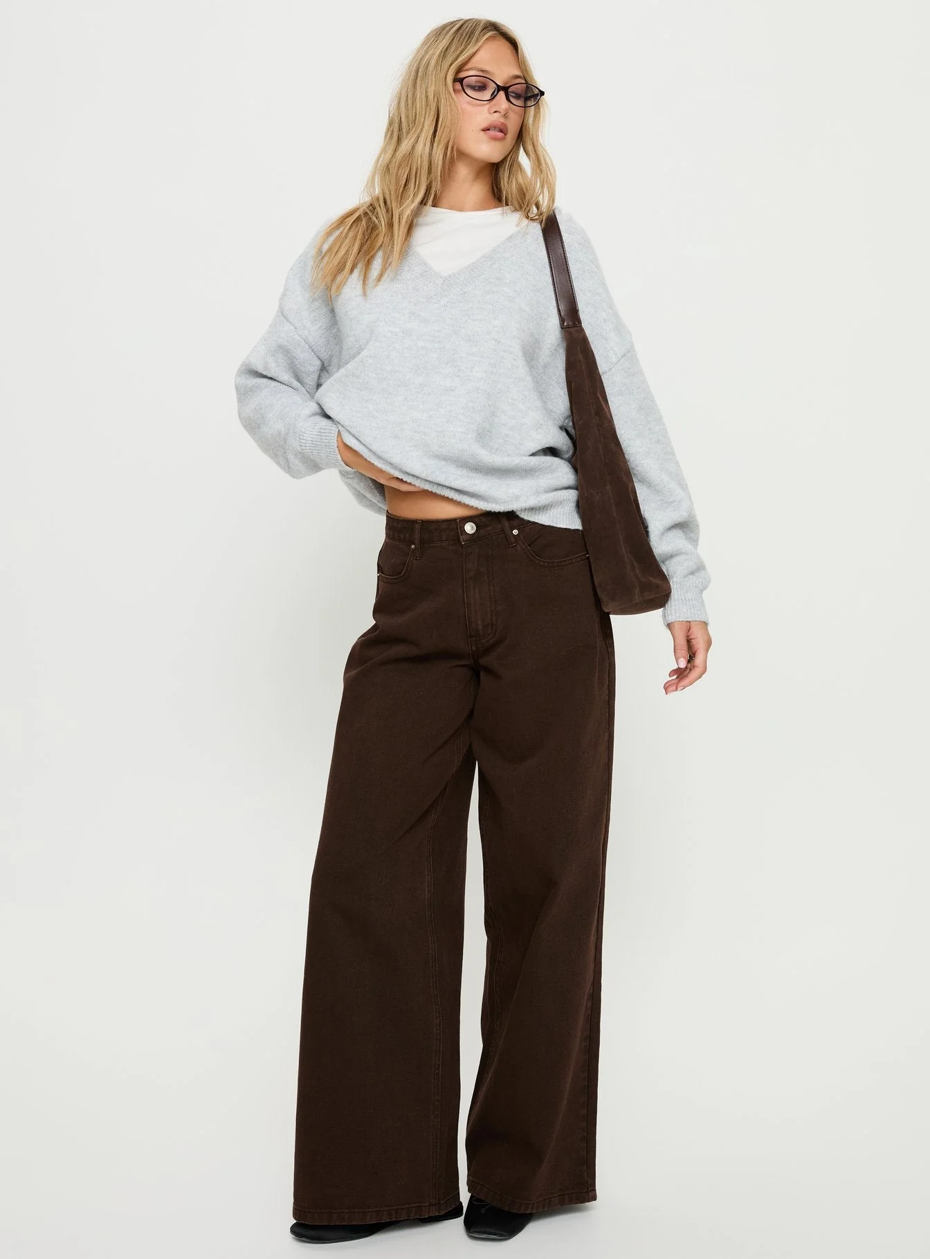 Stay The Night V Neck Knit Sweater Grey Marle - Image 2