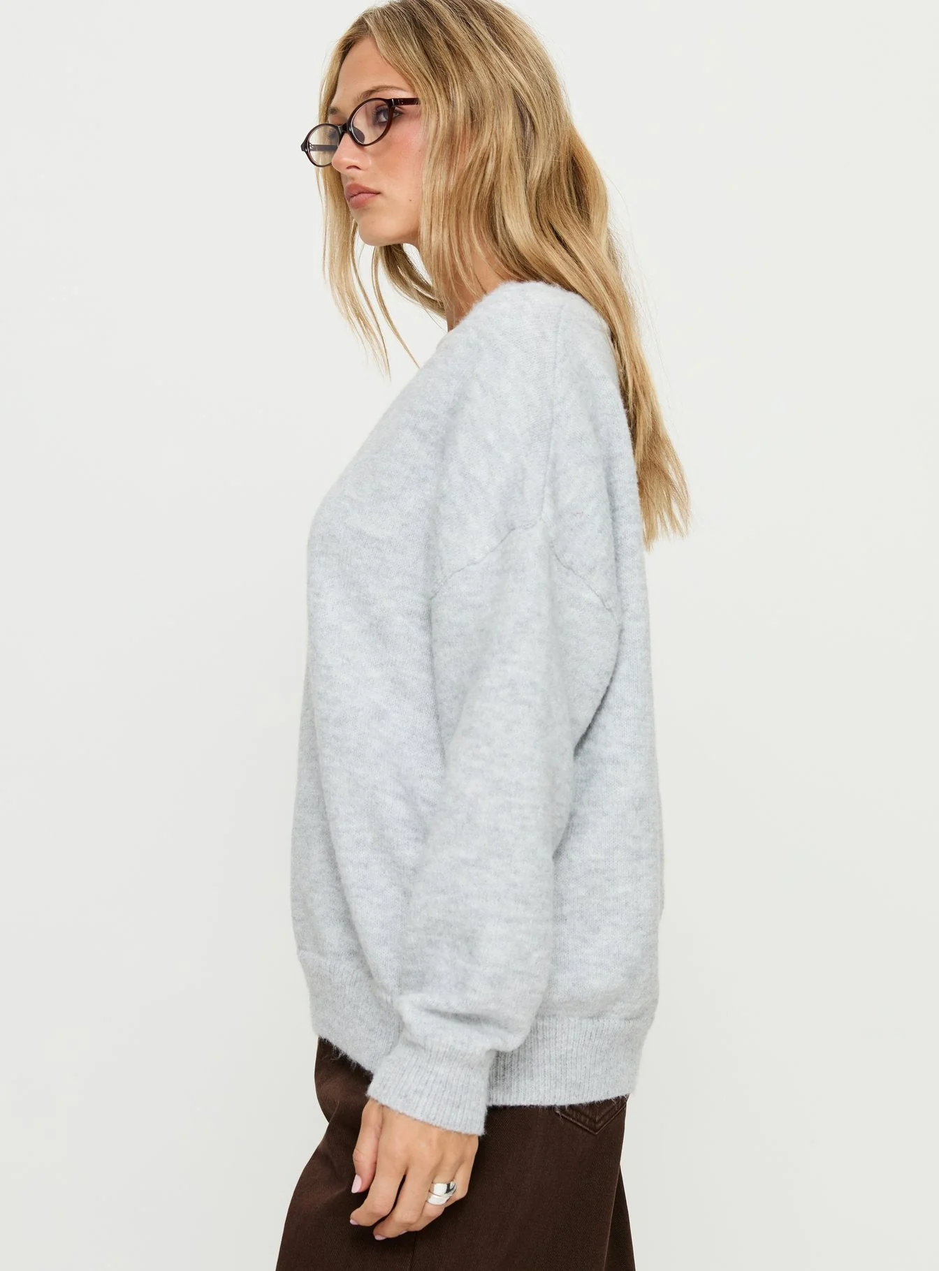 Stay The Night V Neck Knit Sweater Grey Marle - Image 3