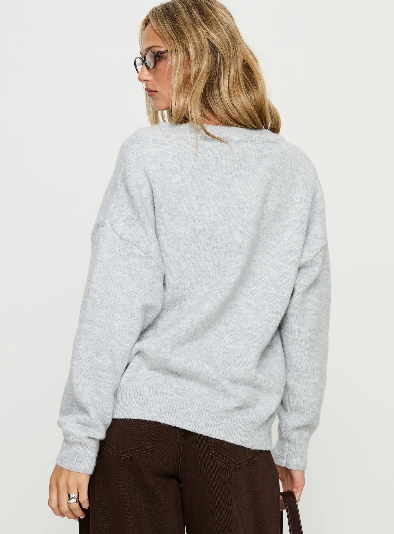 Stay The Night V Neck Knit Sweater Grey Marle - Image 4