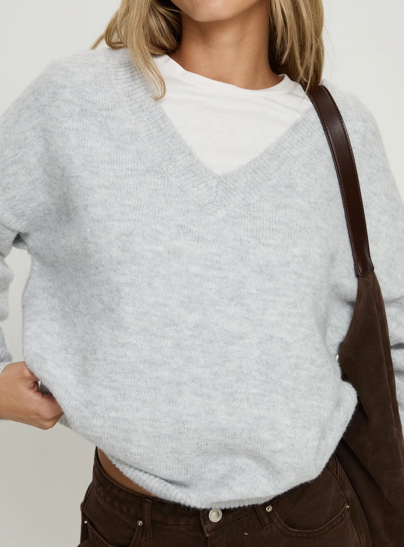 Stay The Night V Neck Knit Sweater Grey Marle - Image 5