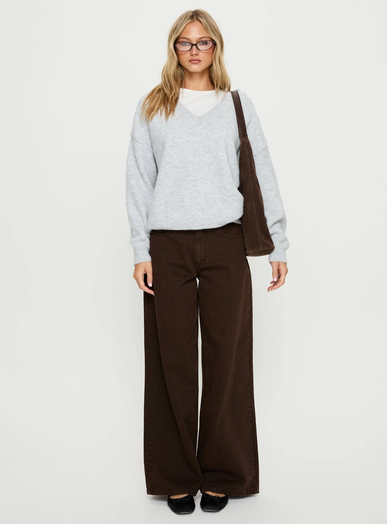 Stay The Night V Neck Knit Sweater Grey Marle - Image 6