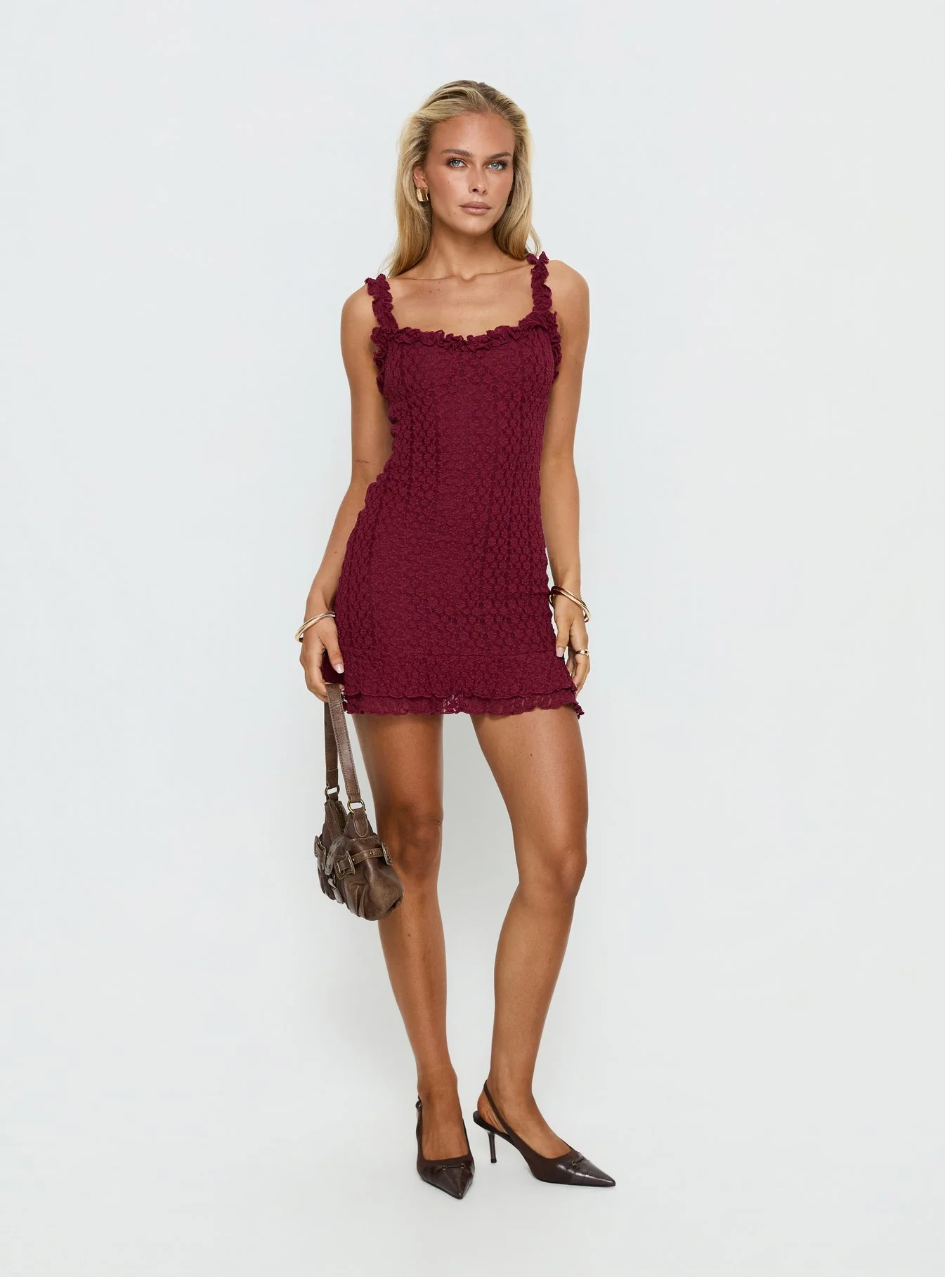 Steffi Frill Lace Mini Dress Burgundy - Image 2