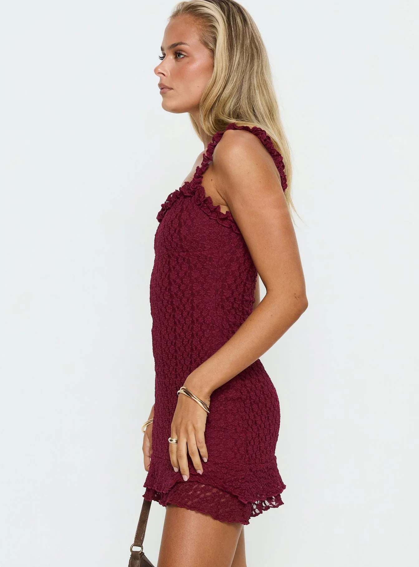 Steffi Frill Lace Mini Dress Burgundy - Image 3