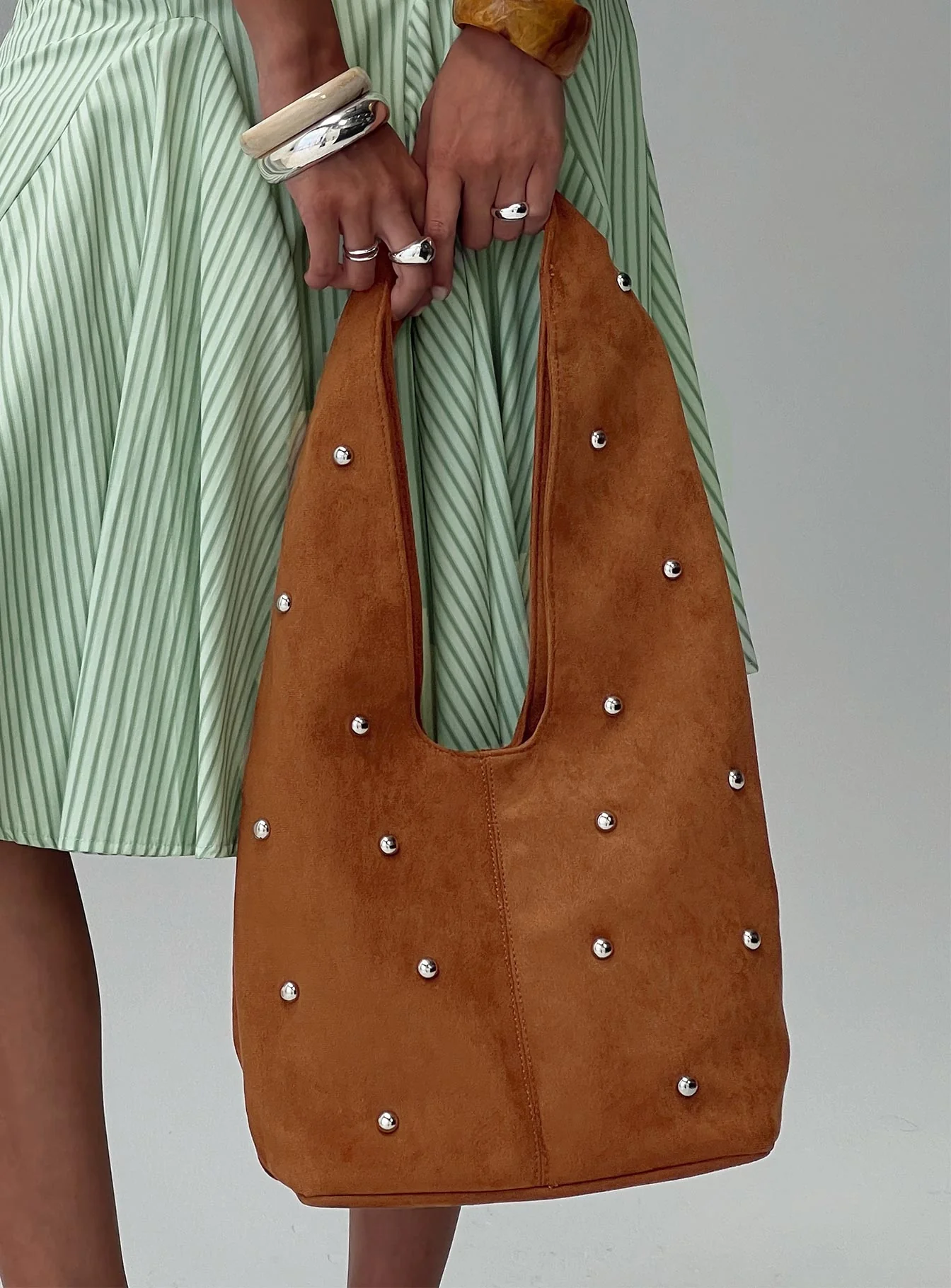 Stellah Studded Faux Suede Bag Brown - Image 7