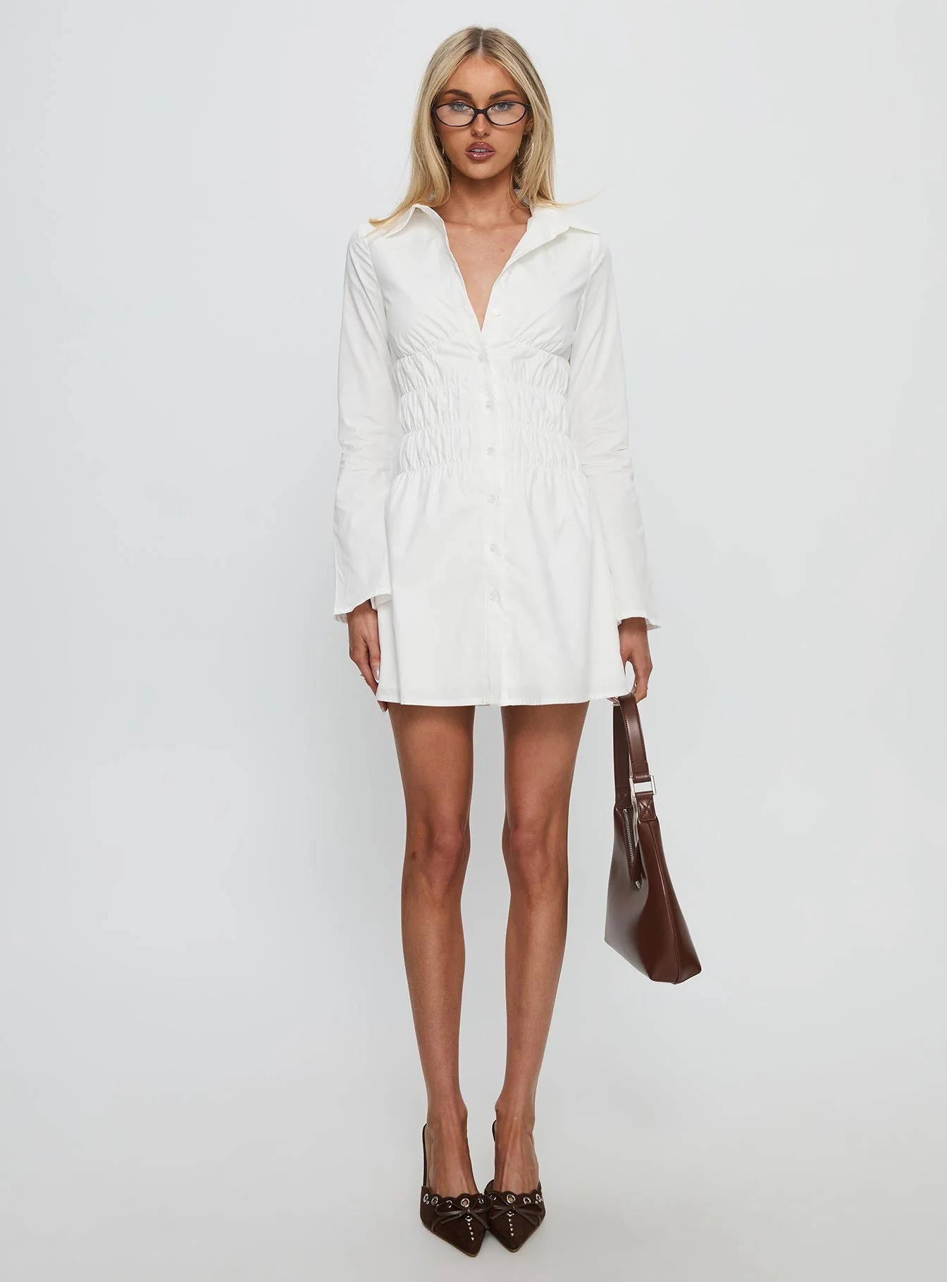 Stellaria Ruched Long Sleeve Mini Dress White - Image 7