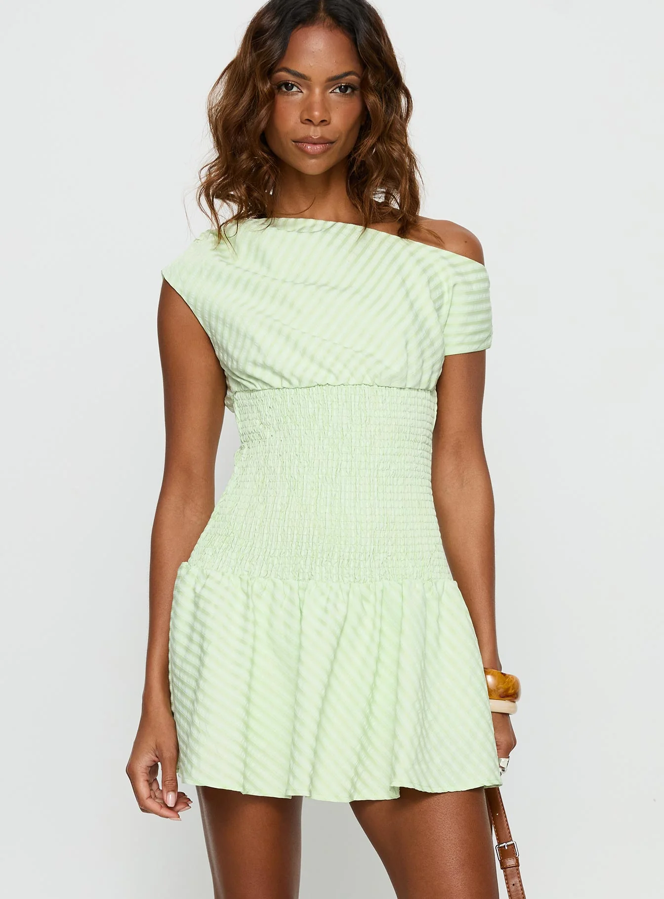 Stephane Off Shoulder Shirred Playsuit Green Stripe