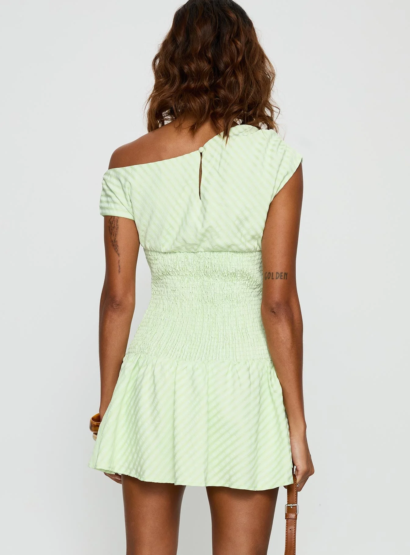 Stephane Off Shoulder Shirred Playsuit Green Stripe - Image 4