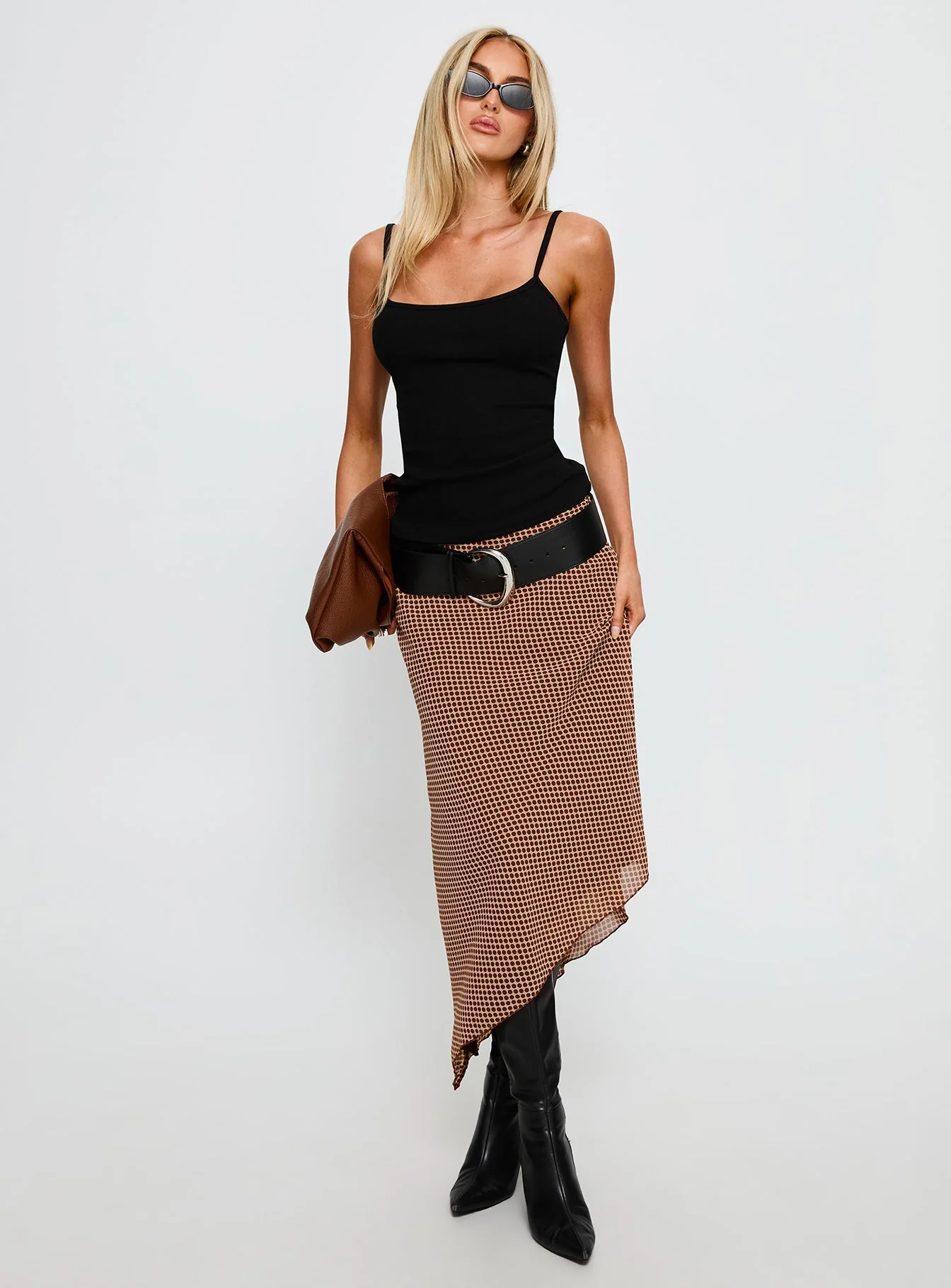 Suella Asymmetrical Midi Skirt Brown Polka Dot - Image 2