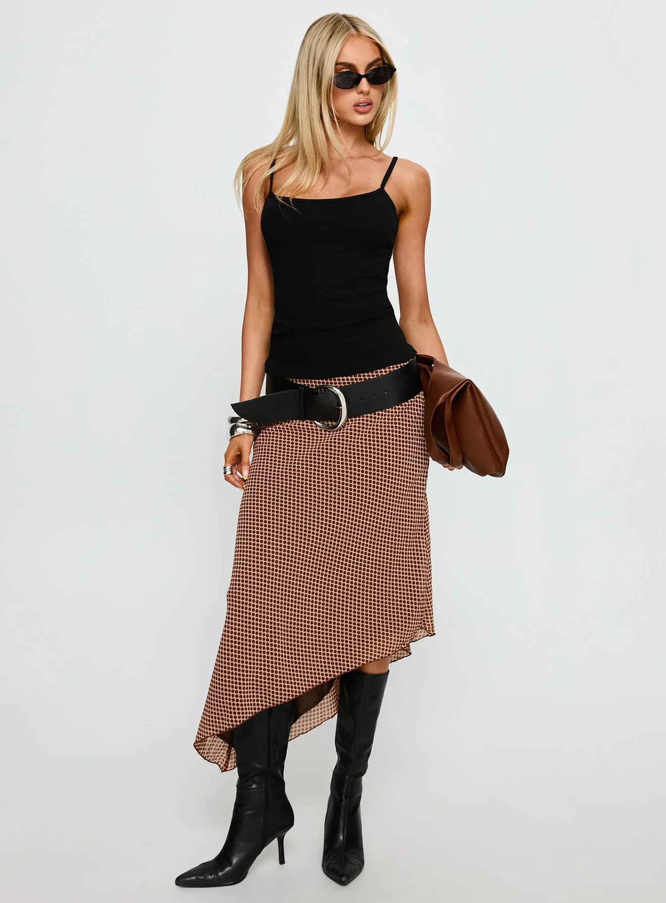 Suella Asymmetrical Midi Skirt Brown Polka Dot - Image 3