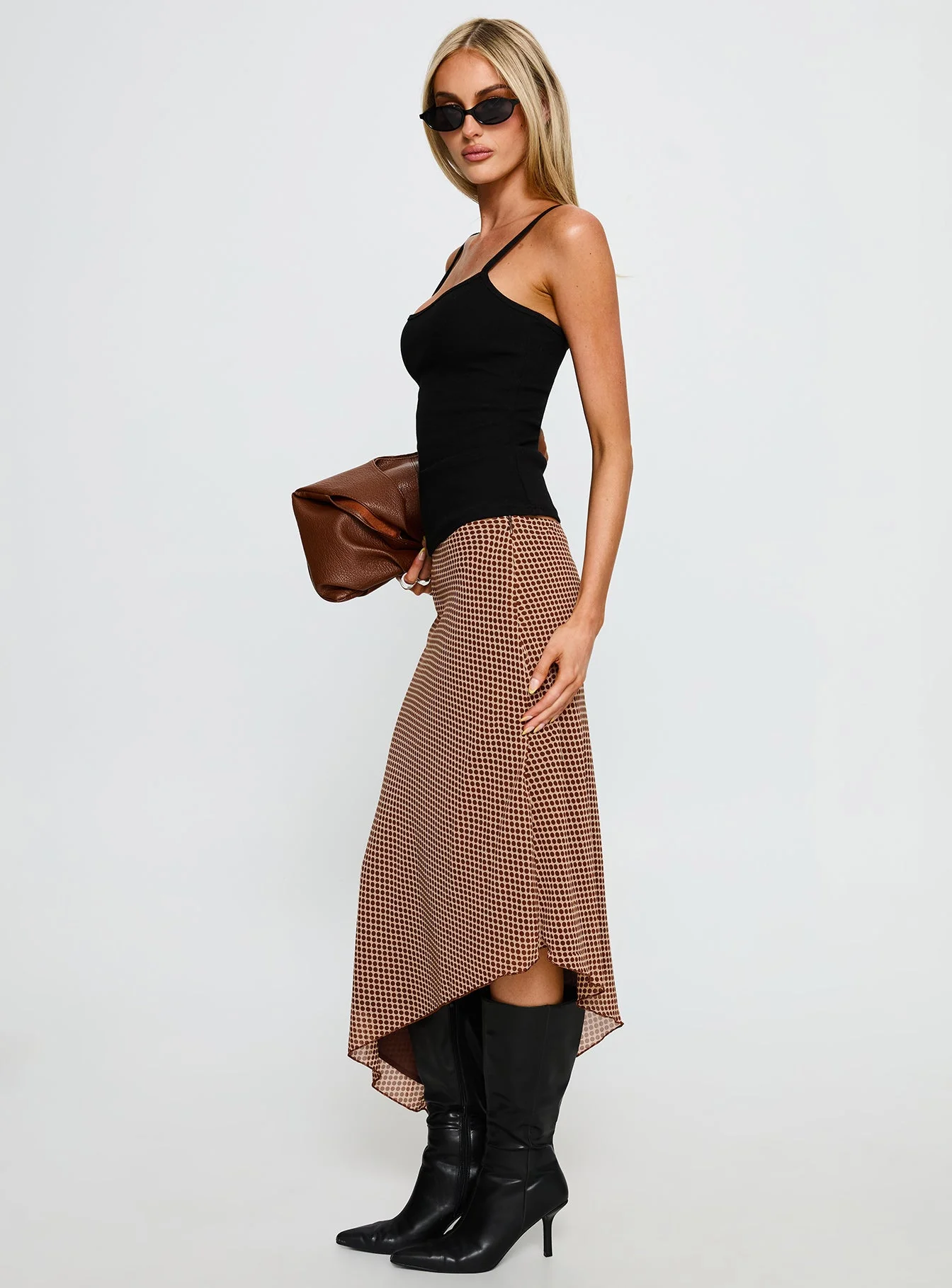 Suella Asymmetrical Midi Skirt Brown Polka Dot - Image 4