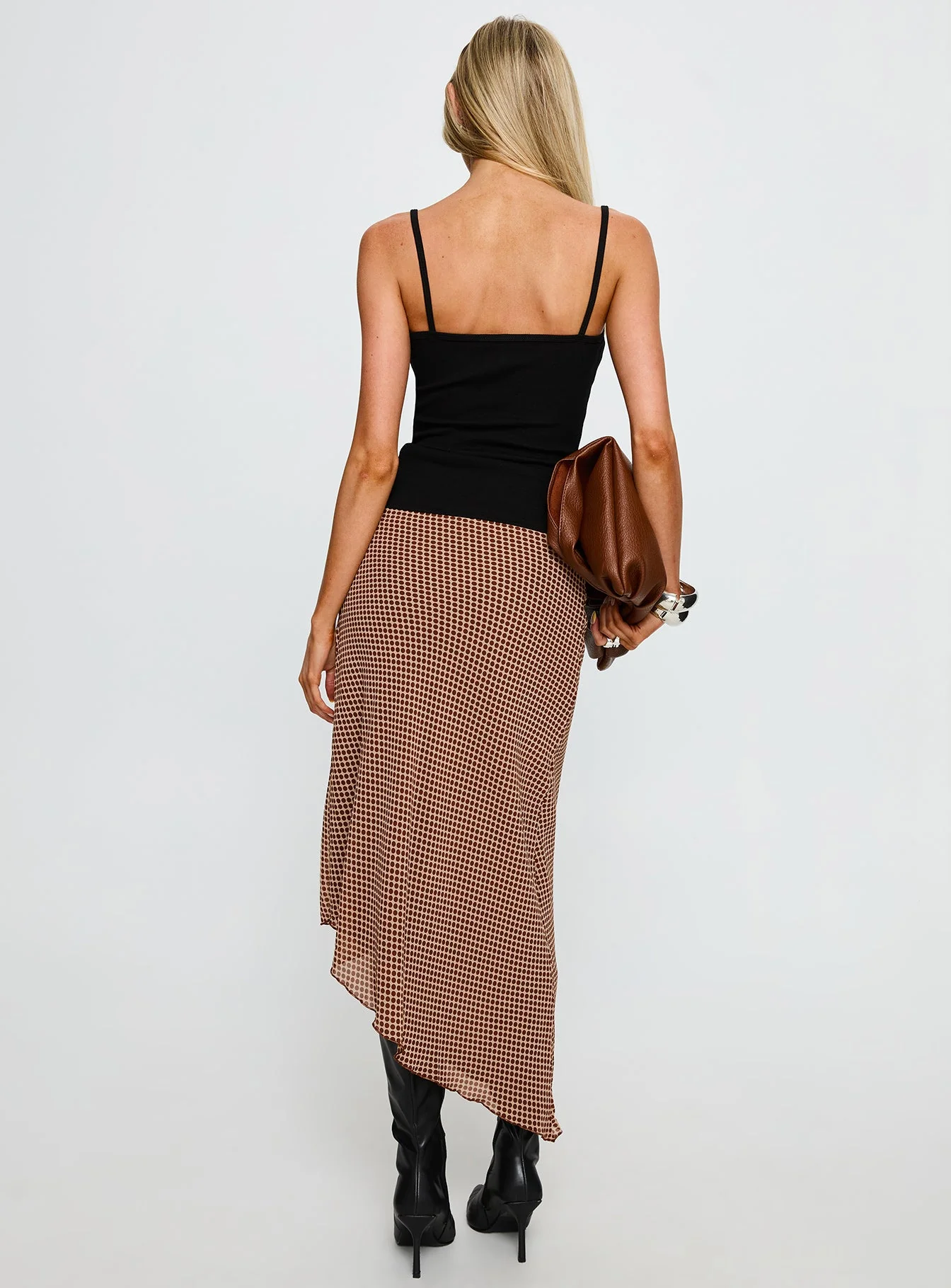 Suella Asymmetrical Midi Skirt Brown Polka Dot - Image 5