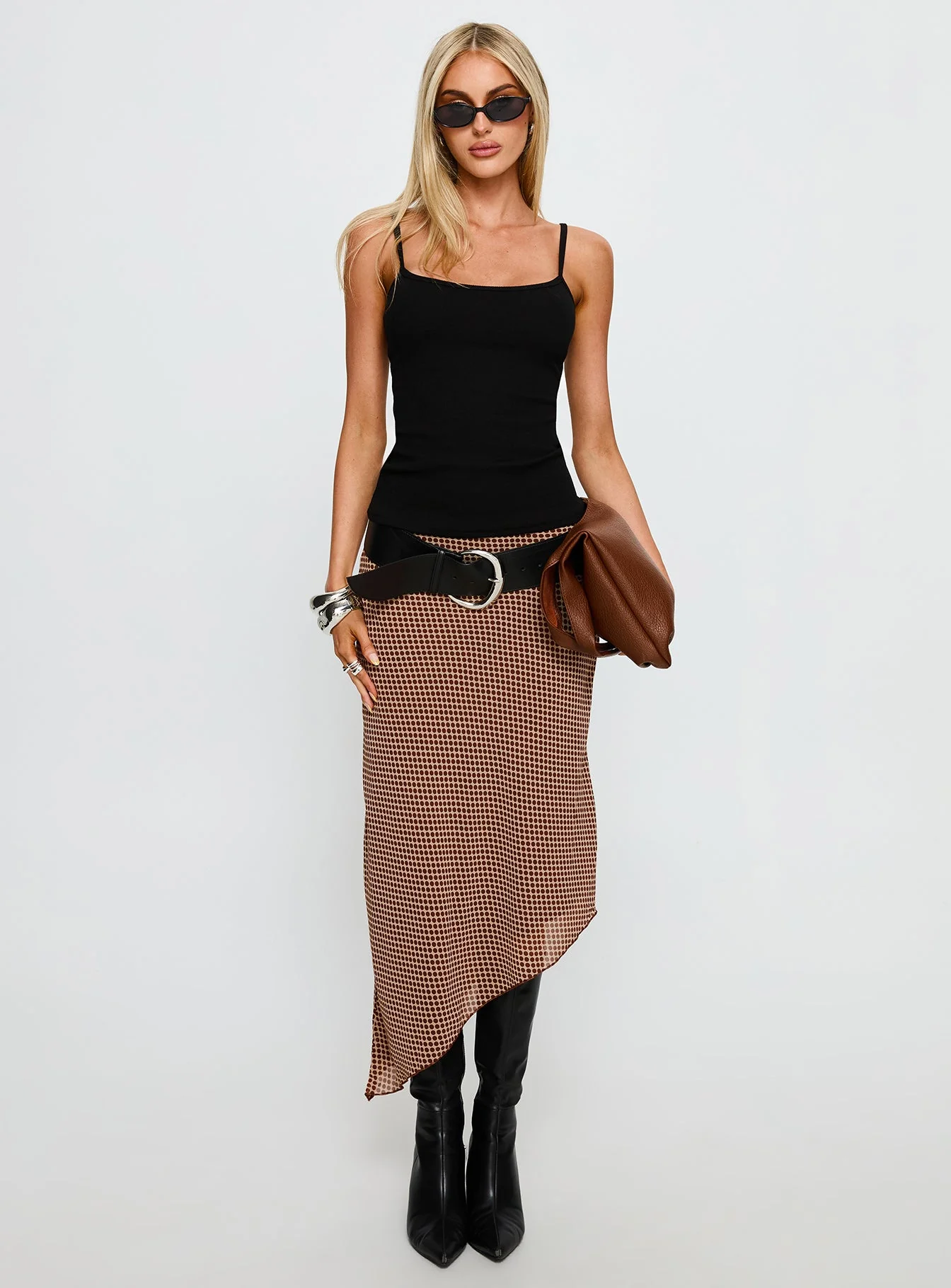 Suella Asymmetrical Midi Skirt Brown Polka Dot - Image 7