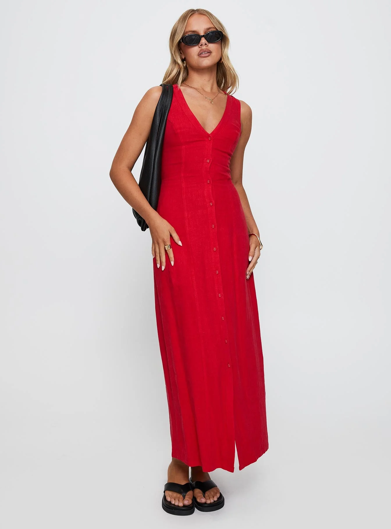Summer Season Linen Blend Maxi Dress Red - Image 2
