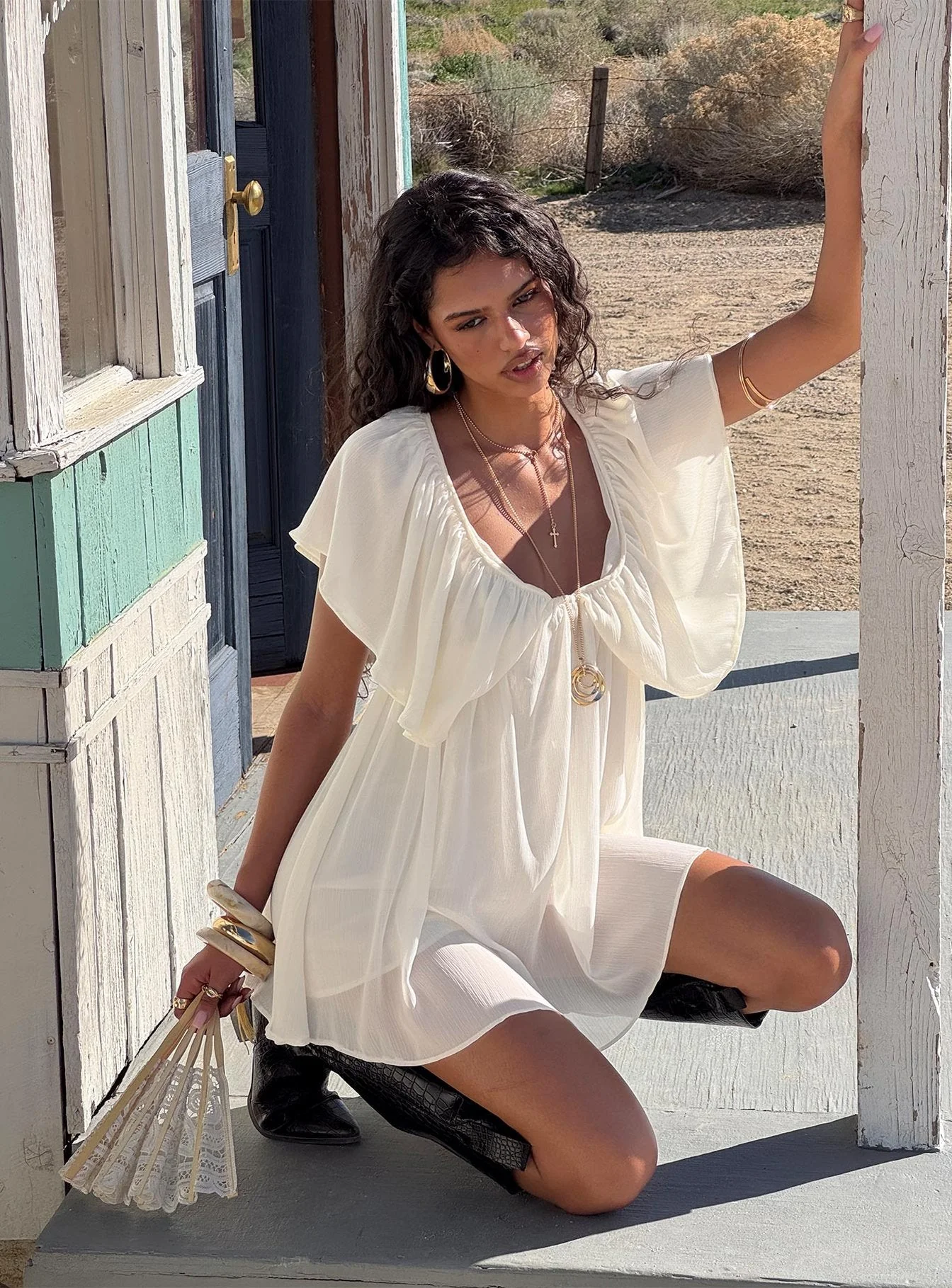 Sun Spirit Plunge Flowy Playsuit Cream - Image 8