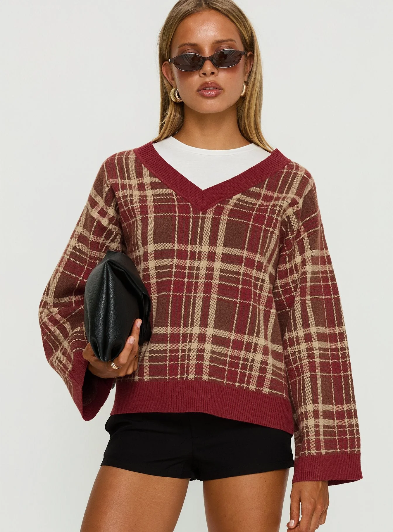 Sydda V Neck Knit Sweater Red Plaid - Image 2