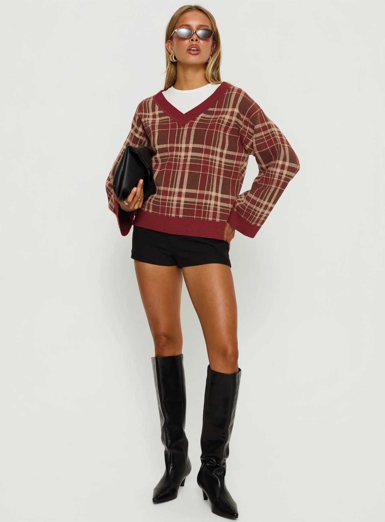 Sydda V Neck Knit Sweater Red Plaid - Image 3