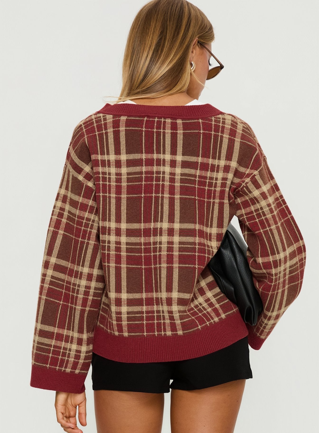 Sydda V Neck Knit Sweater Red Plaid - Image 5