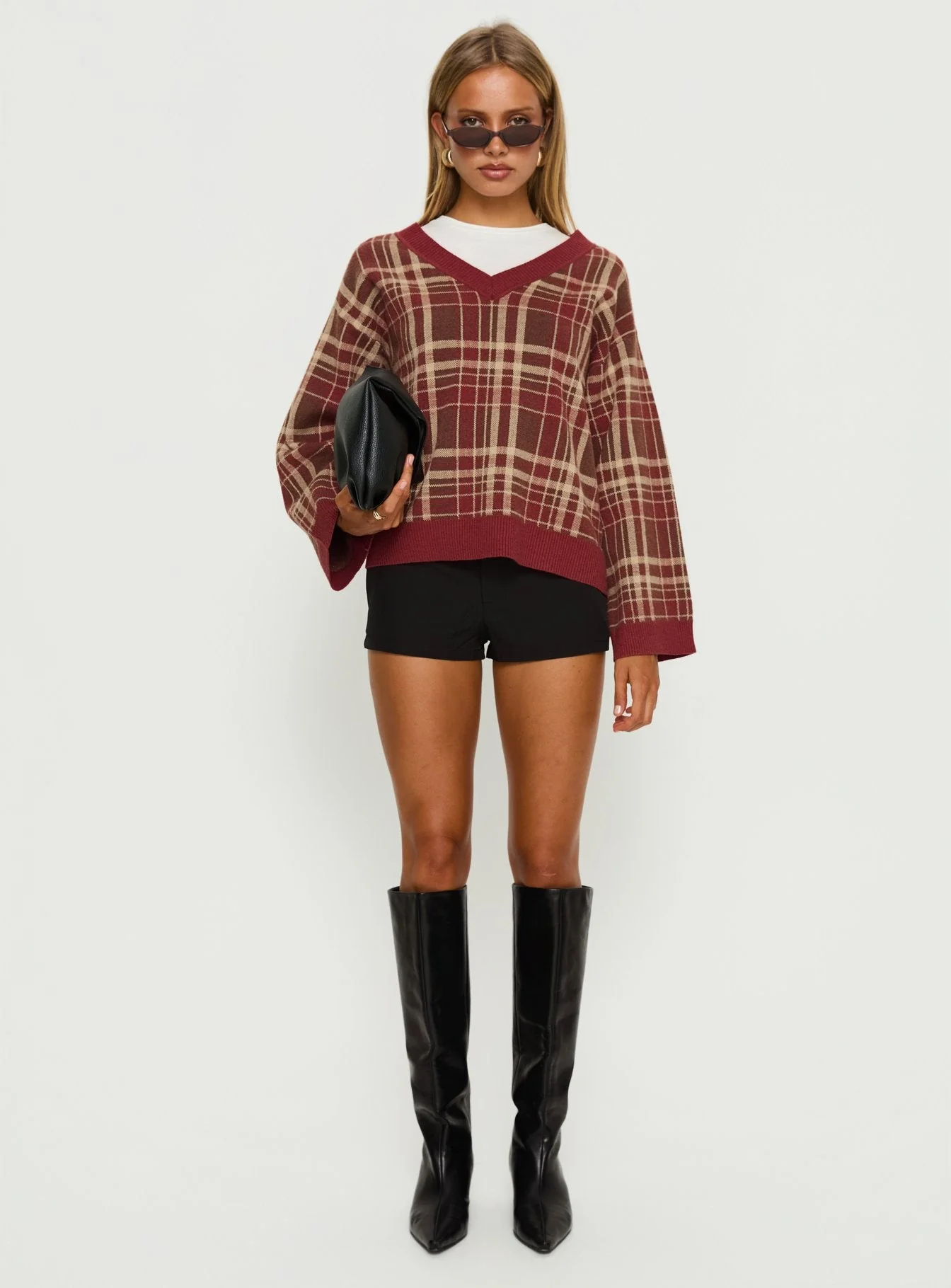 Sydda V Neck Knit Sweater Red Plaid - Image 7