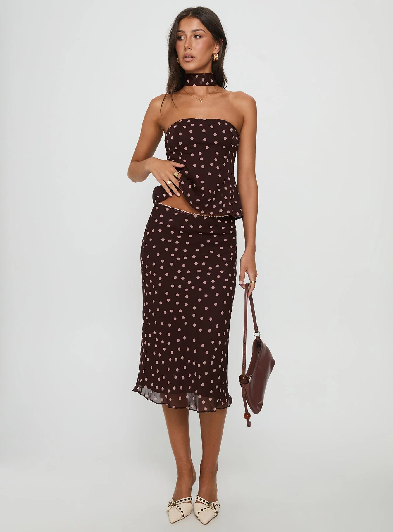 Sydni Midi Bias Cut Skirt Chocolate / Pink Polka - Image 2