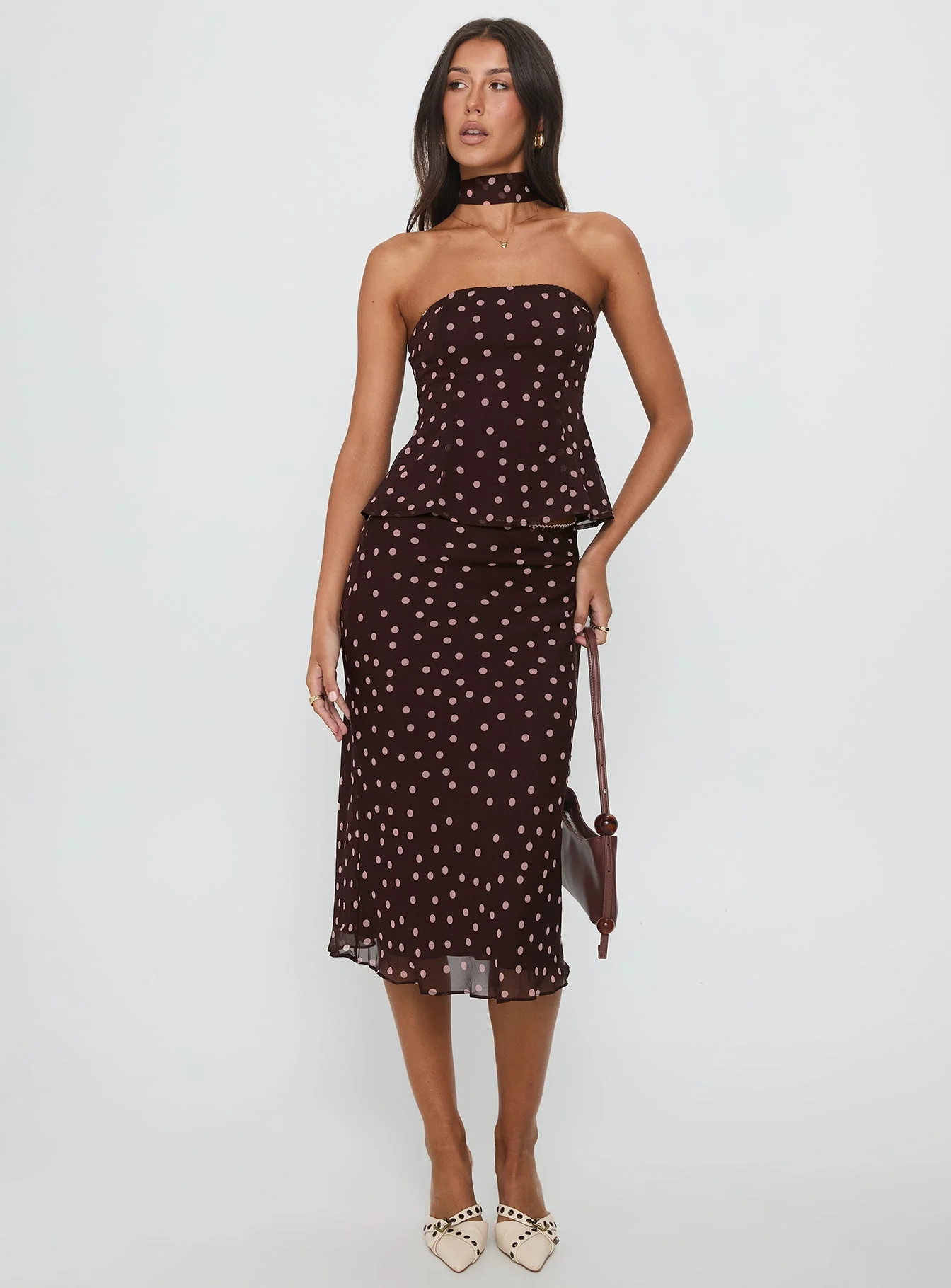 Sydni Midi Bias Cut Skirt Chocolate / Pink Polka - Image 3
