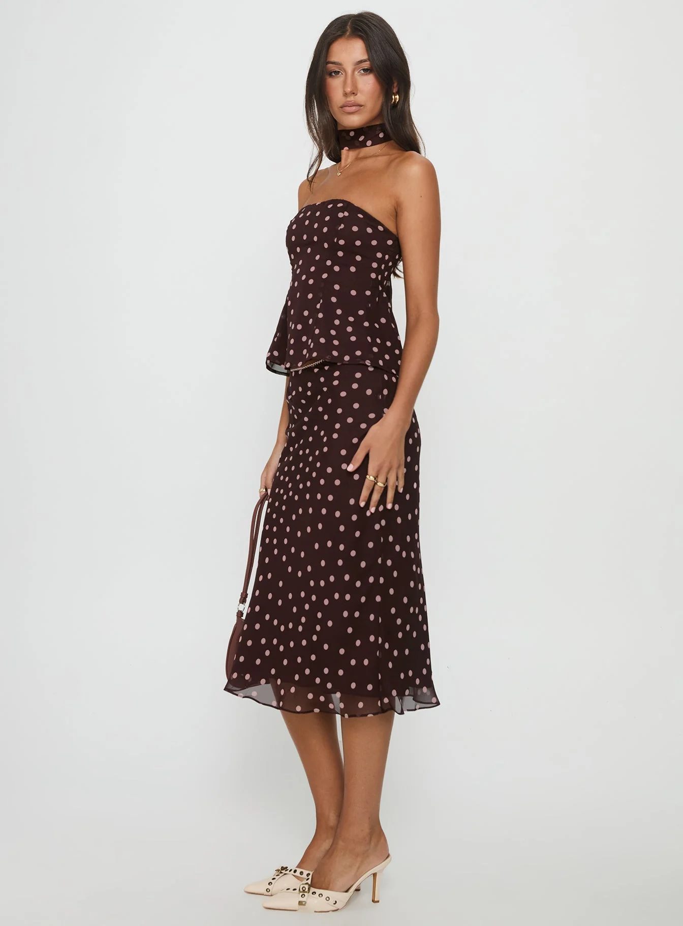 Sydni Midi Bias Cut Skirt Chocolate / Pink Polka - Image 4