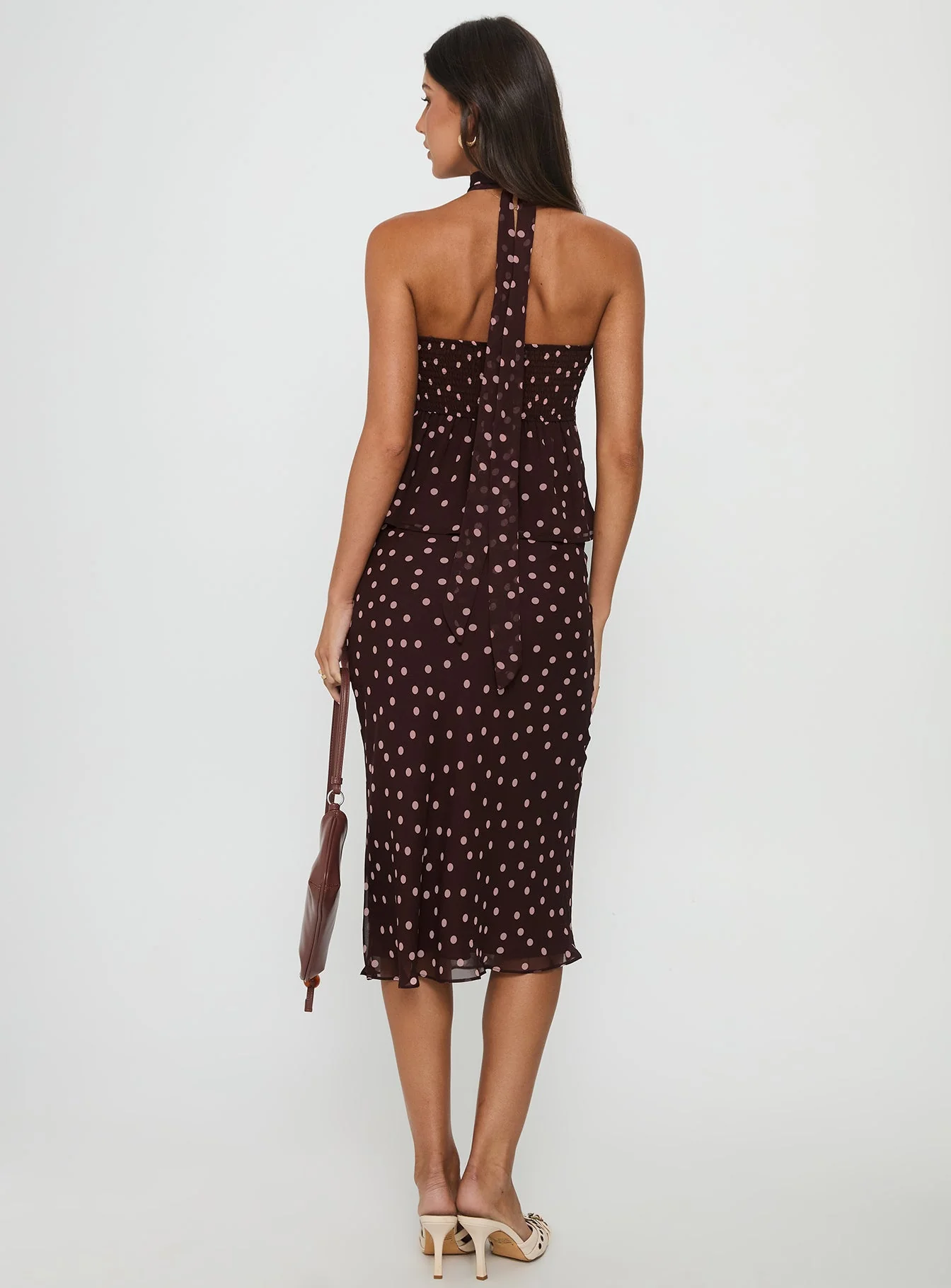 Sydni Midi Bias Cut Skirt Chocolate / Pink Polka - Image 5