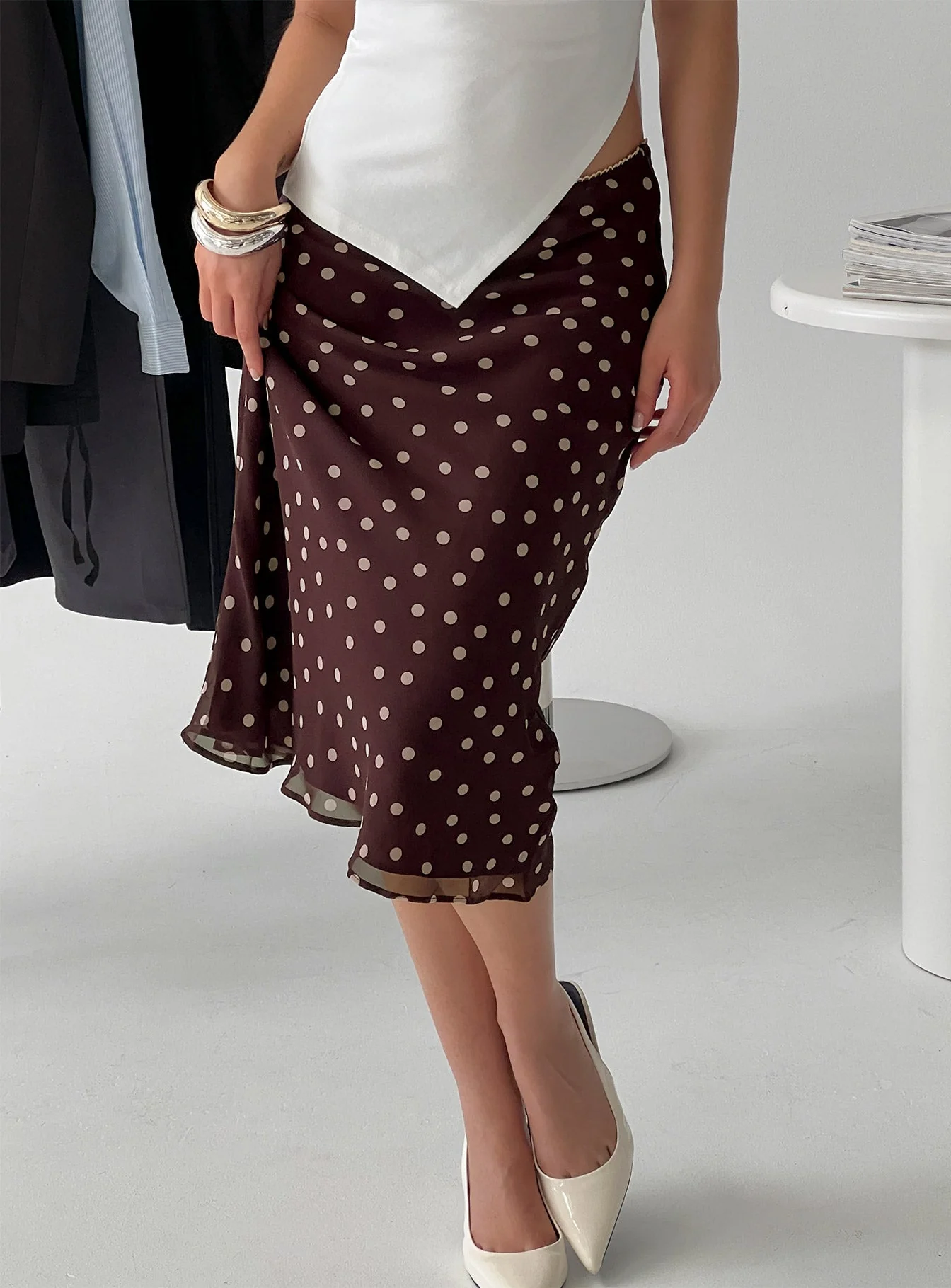 Sydni Midi Bias Cut Skirt Chocolate / Pink Polka - Image 8