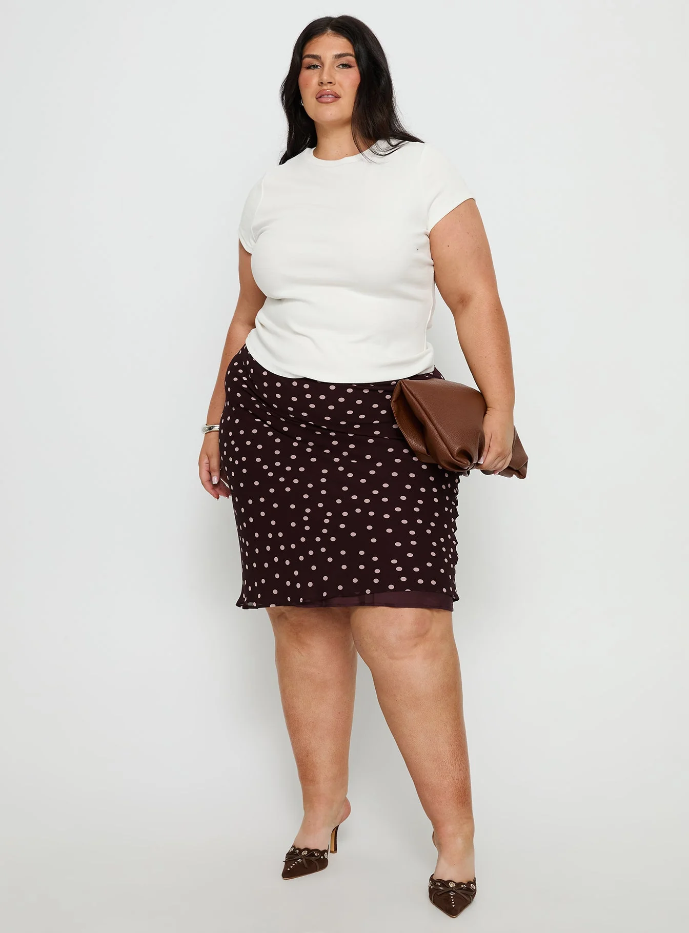 Sydni Midi Bias Cut Skirt Chocolate / Pink Polka Curve - Image 2