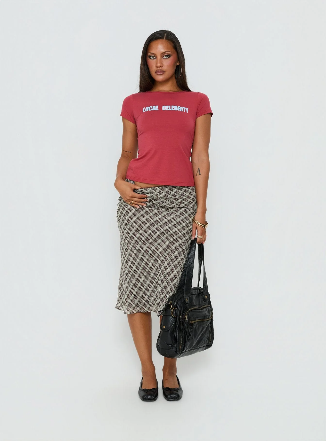 Sydni Midi Bias Cut Skirt Wine Check - Image 2