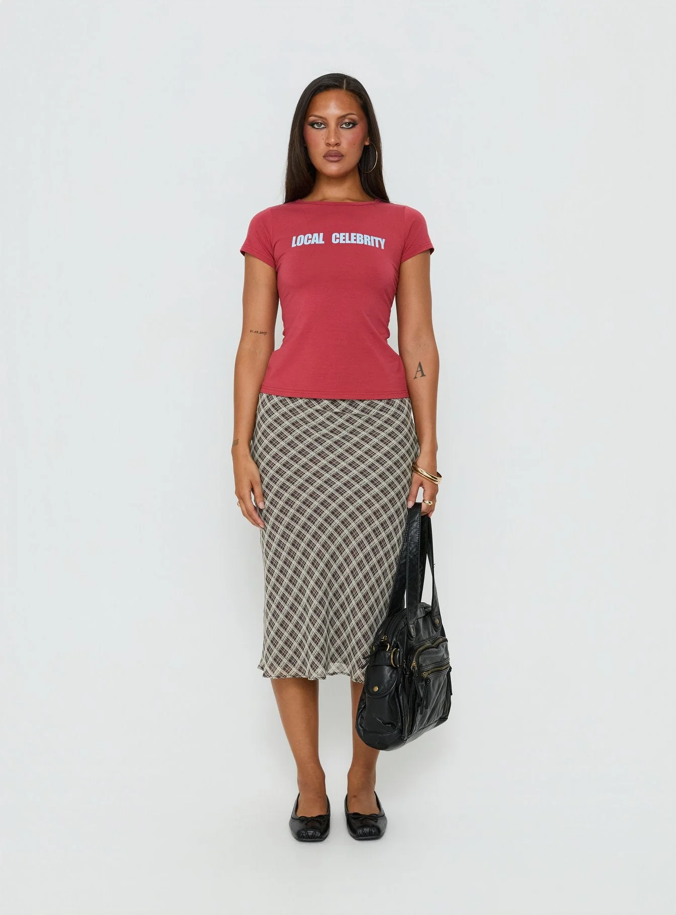 Sydni Midi Bias Cut Skirt Wine Check - Image 6