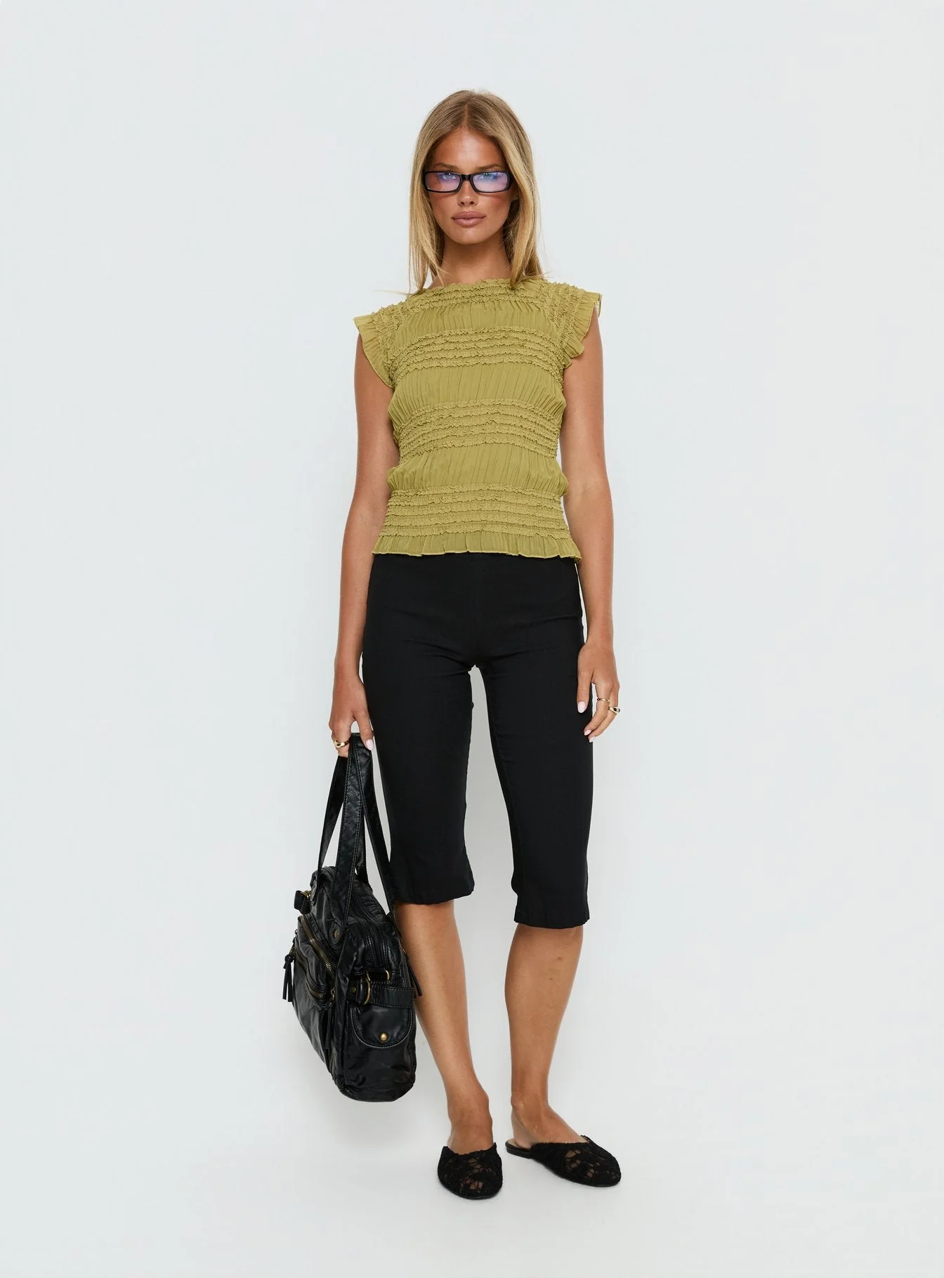 Talyn Cap Sleeve Frill Top Olive - Image 3