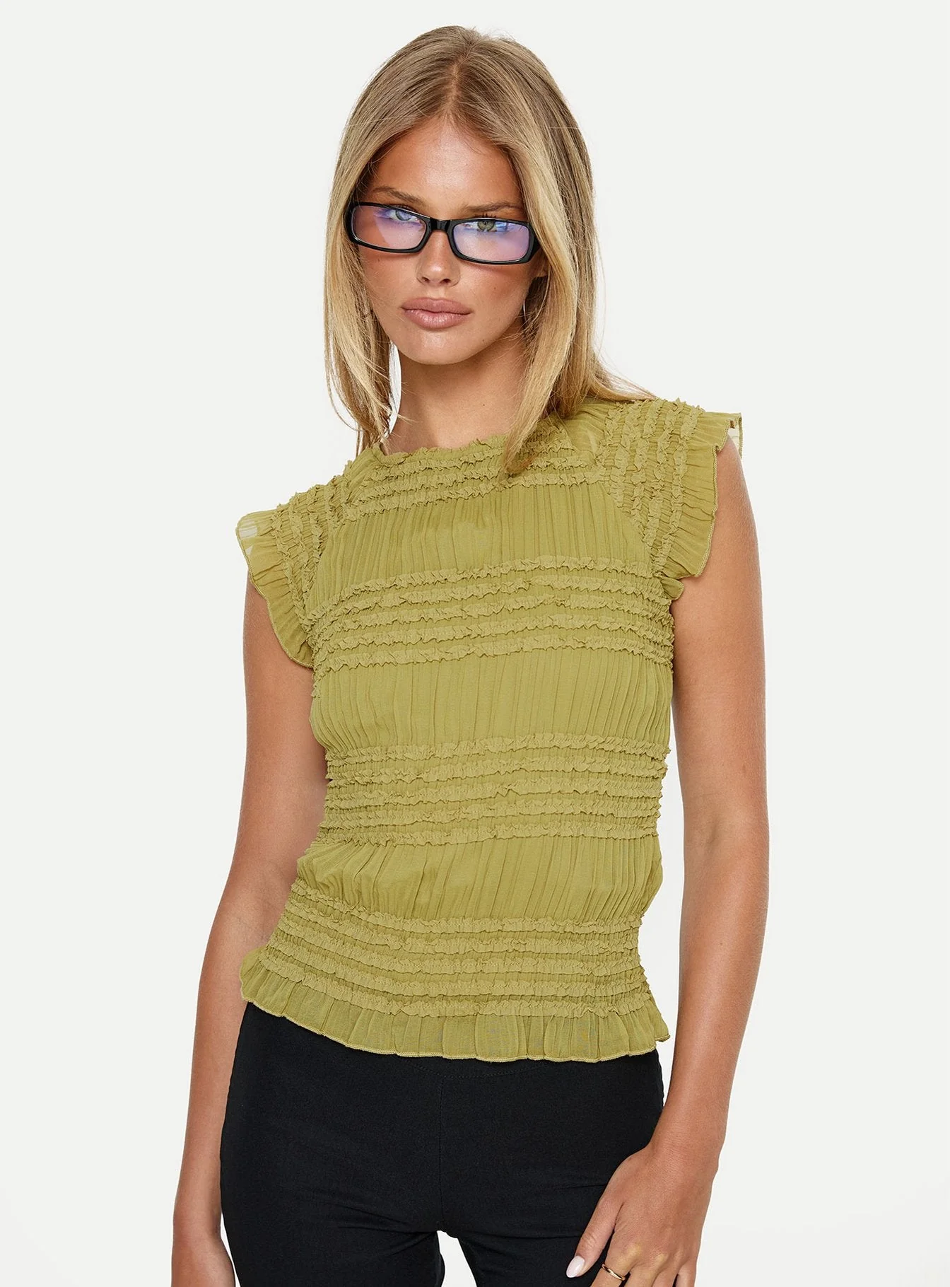 Talyn Cap Sleeve Frill Top Olive - Image 9