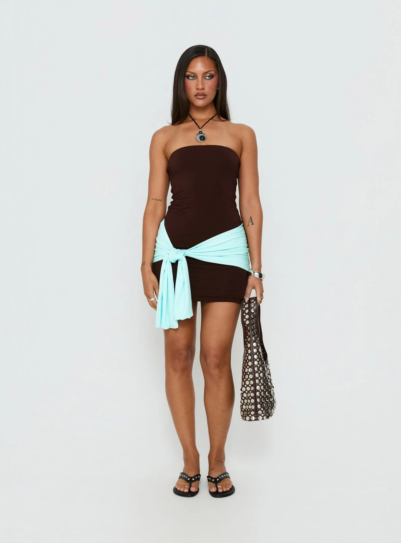 Teeah Strapless Tie Detail Contrast Mini Dress Brown / Blue - Image 3