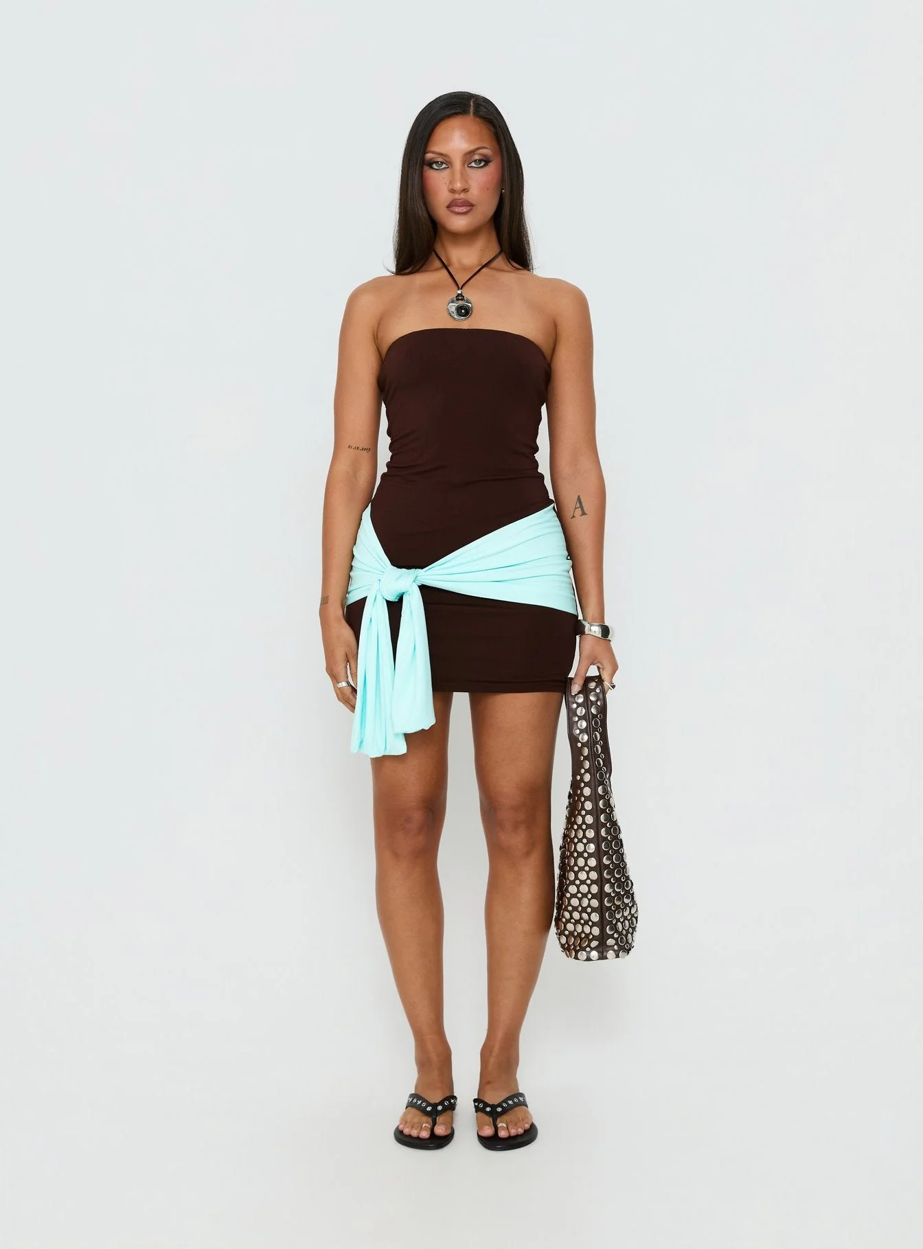 Teeah Strapless Tie Detail Contrast Mini Dress Brown / Blue - Image 7