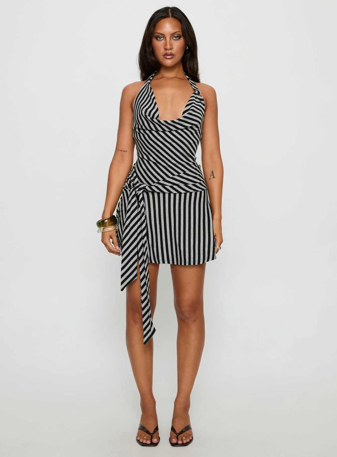 Terika Plunge Neck Halter Mini Dress Grey / Black - Image 8