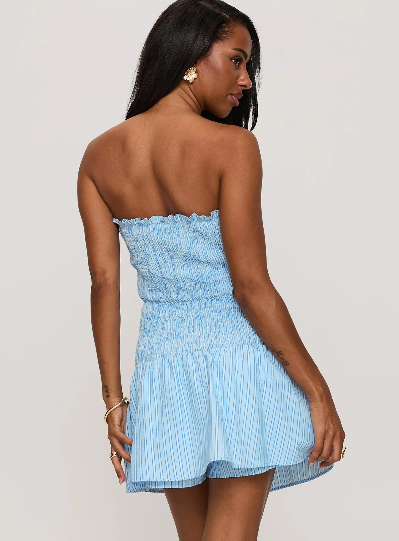 Think And Smile Strapless Tie Detail Playsuit Blue Stripe - Image 5